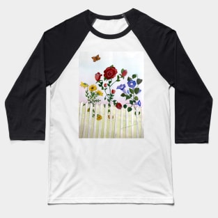 Flowers Growing Through Fence While Butterfly Hovers Baseball T-Shirt